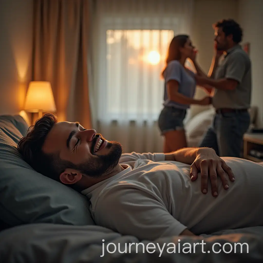 AI-Image-Prompt-ExpansionMan-with-Smiling-Mask-Laughs-While-Wife-Wakes-Him-in-Bedroom