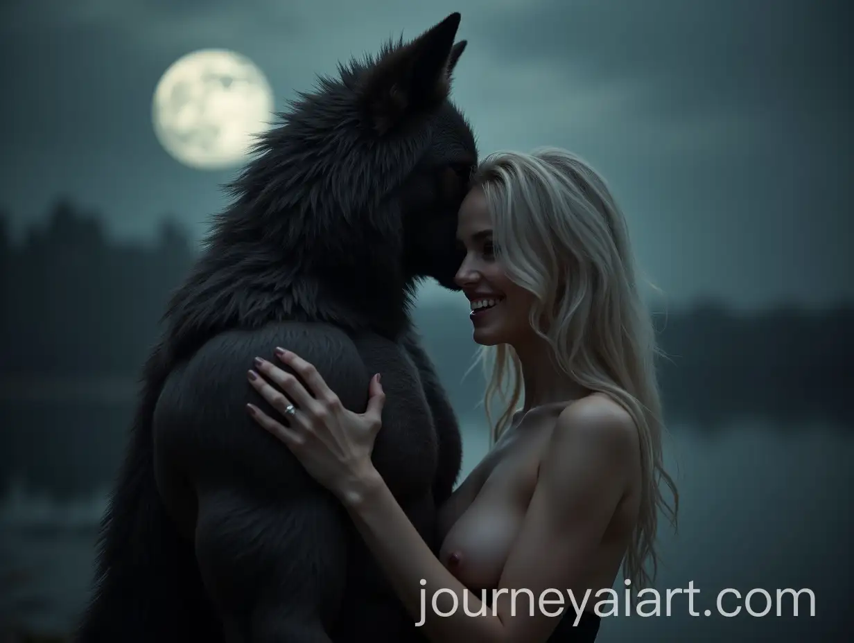 White-Blonde-Woman-and-Black-Muscular-Werewolf-Smiling-Under-Full-Moon