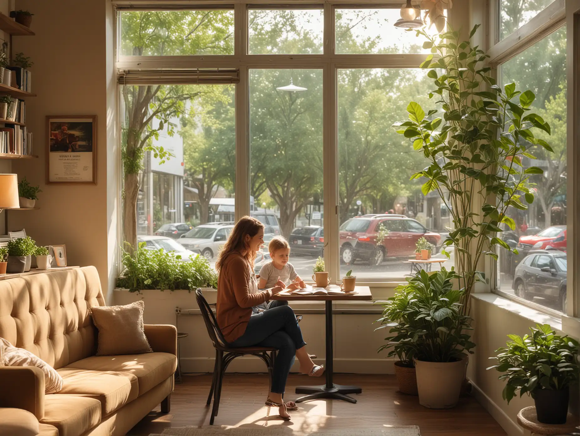 Cozy-Coffee-Shop-Scene-Mother-and-Child-Reading-Insurance-Agent-Consultation