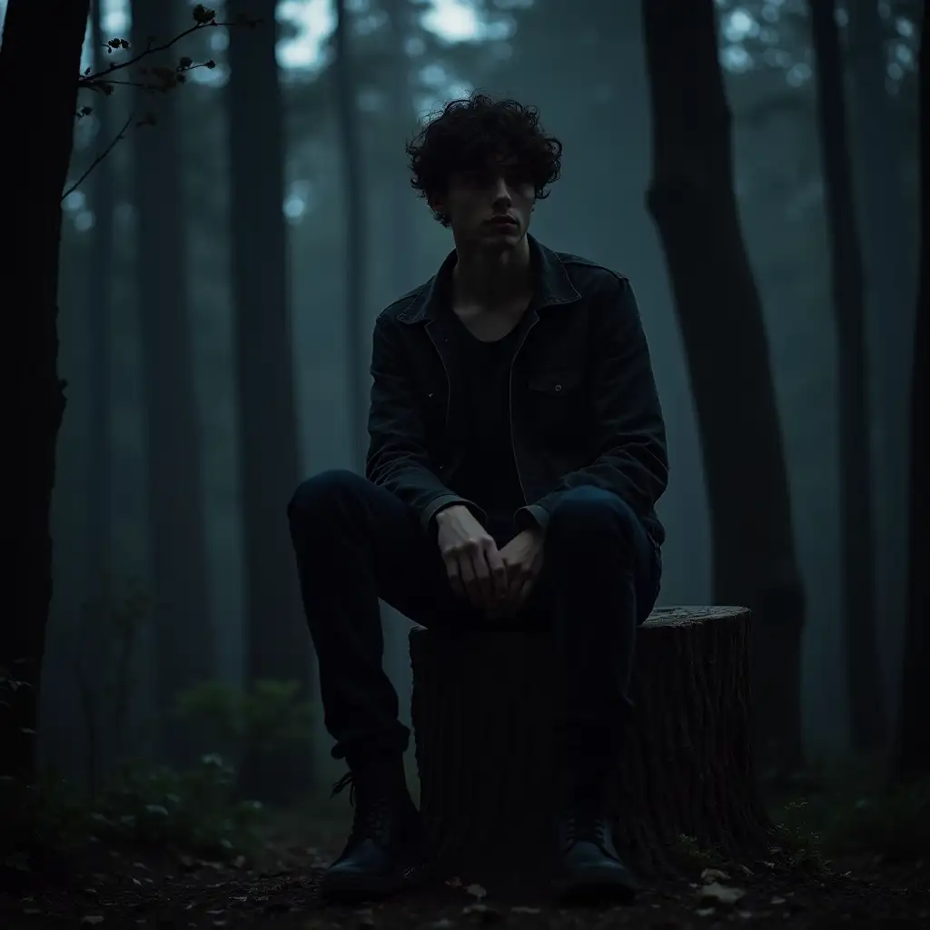 Teen-Boy-Sitting-on-Tree-Stump-in-Dark-Appalachian-Forest-at-Night