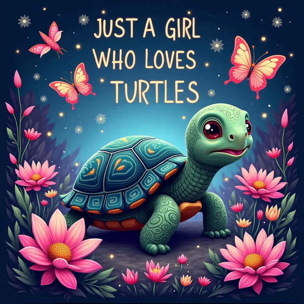 Create an enchanting scene featuring a cheerful turtle surrounded by large, vibrant flowers and two butterflies. The turtle should have a friendly and happy expression, with intricate and detailed patterns on its shell. The background should be a dreamy landscape filled with soft pastel colors and sparkles, giving a magical and whimsical feel. Incorporate the text 'JUST A GIRL WHO LOVES TURTLES' in bold, playful font at the top of the image. Ensure the overall style is vibrant, detailed, and captivating, with a strong focus on nature and whimsy. black and neon