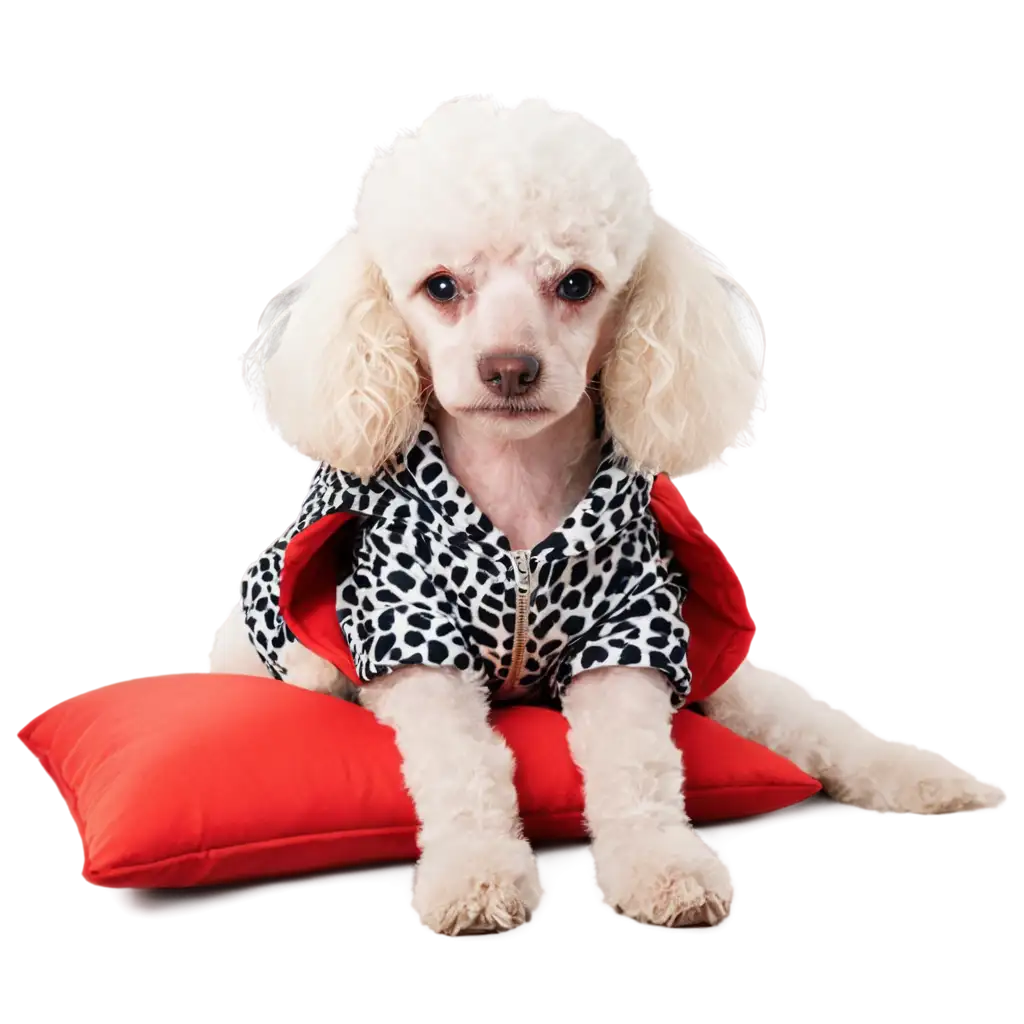 Adorable-Small-White-Poodle-Dog-in-Animal-Print-Hoodie-on-Red-Cushion-HighQuality-PNG-Image