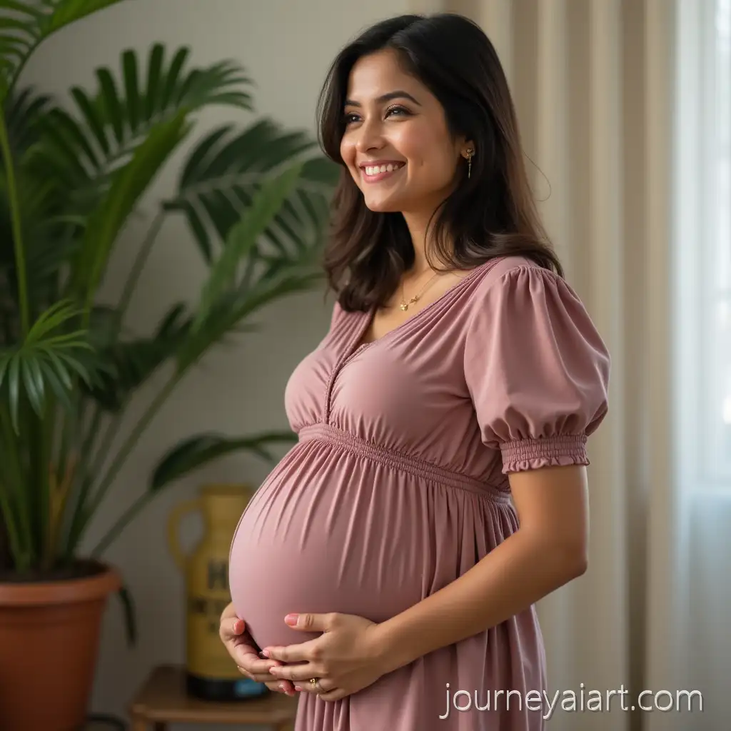 Heavily-Pregnant-South-AsianAI-Art-Prompt-Expansion-Woman-in-Mauve-Dress-with-Leafy-Green-Background
