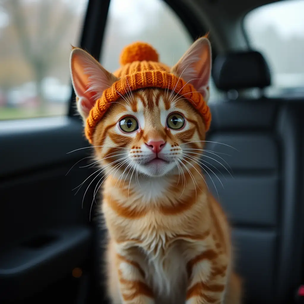 ginger nice real kitten in knitted hat rides in taxi on back seat