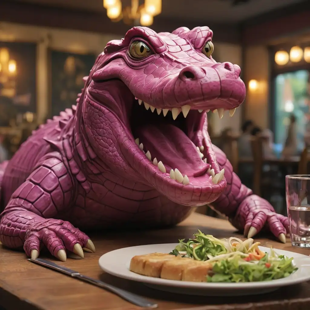 Magenta Crocodile Dining in a Elegant Restaurant