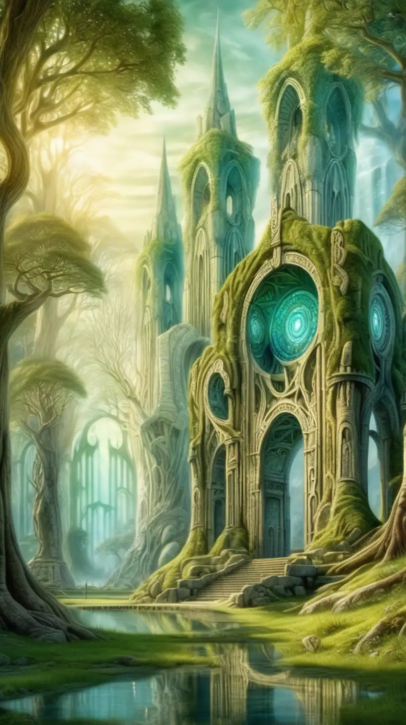 Mystical Enchanted Forest with Ancient Ruins and Elven Sentinels in Art Nouveau Style