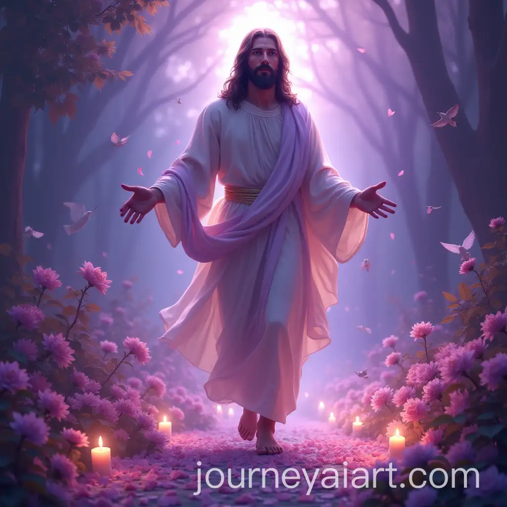Jesus-Christ-Glowing-in-Divine-Radiance-Surrounded-by-Flowers-and-Candles