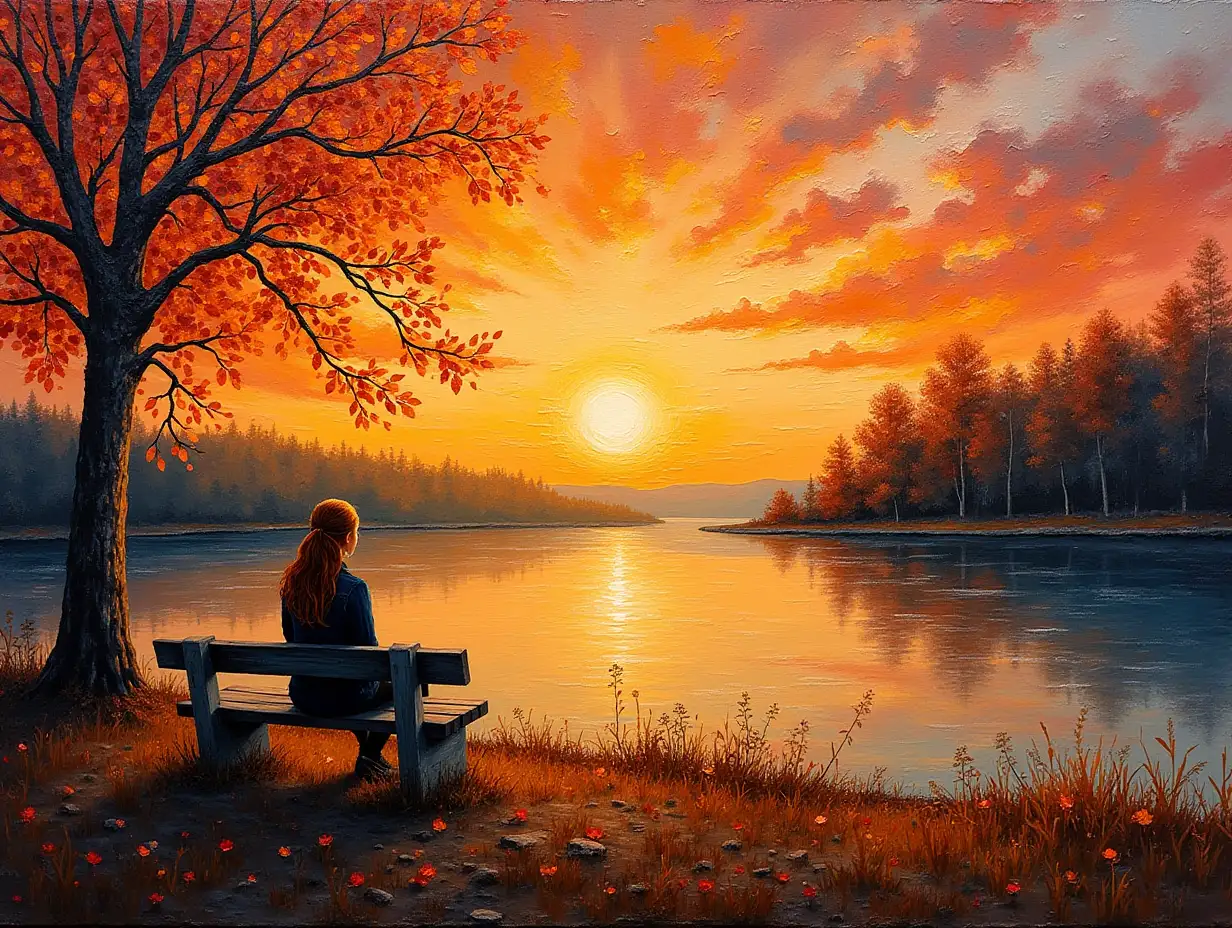 Woman-Sitting-on-Bench-by-Lake-at-Sunset-in-Impasto-Oil-Painting