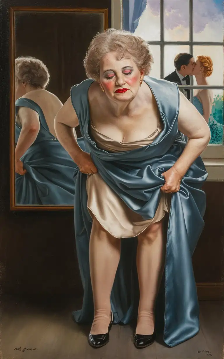 Elderly-Woman-Curtsying-with-Submissive-Gaze-and-Mirror-Reflection