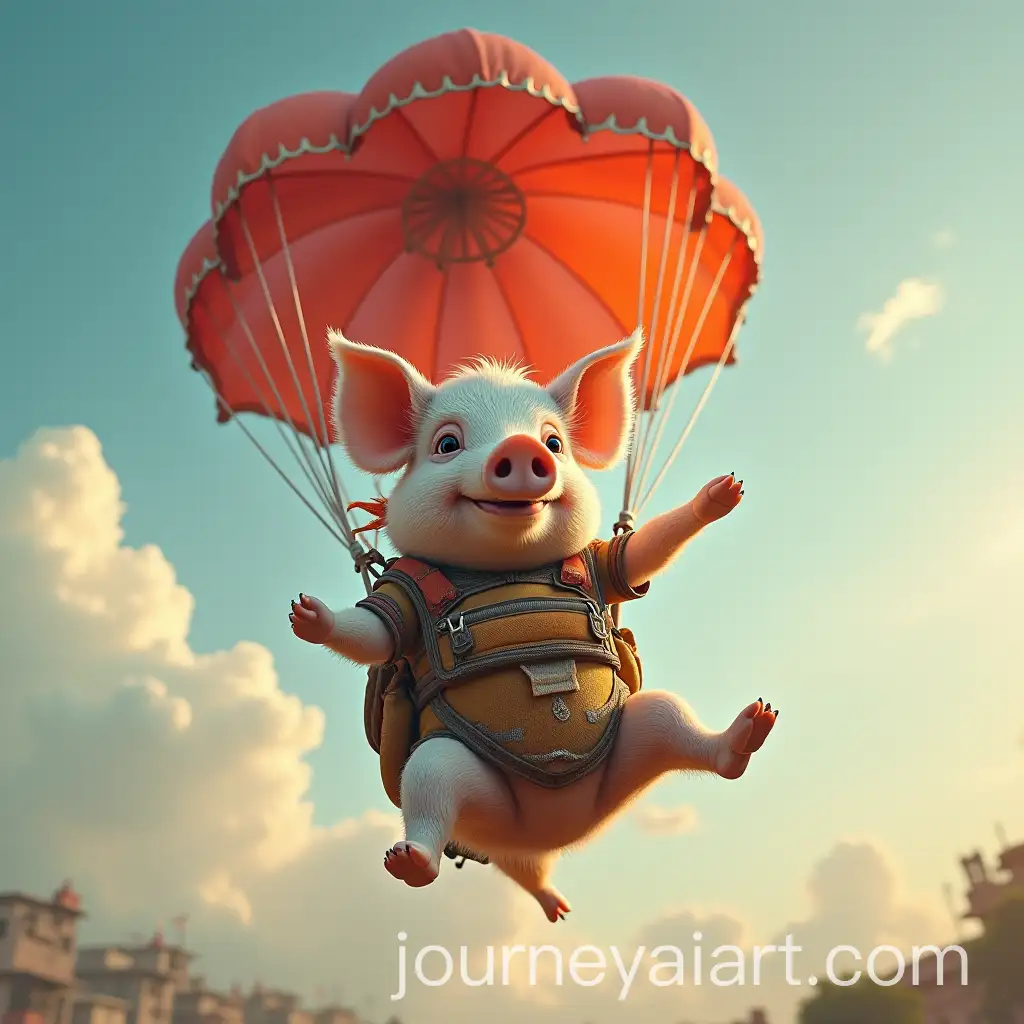 Playful-Indian-Pig-Parachuting-in-a-Vibrant-Sky