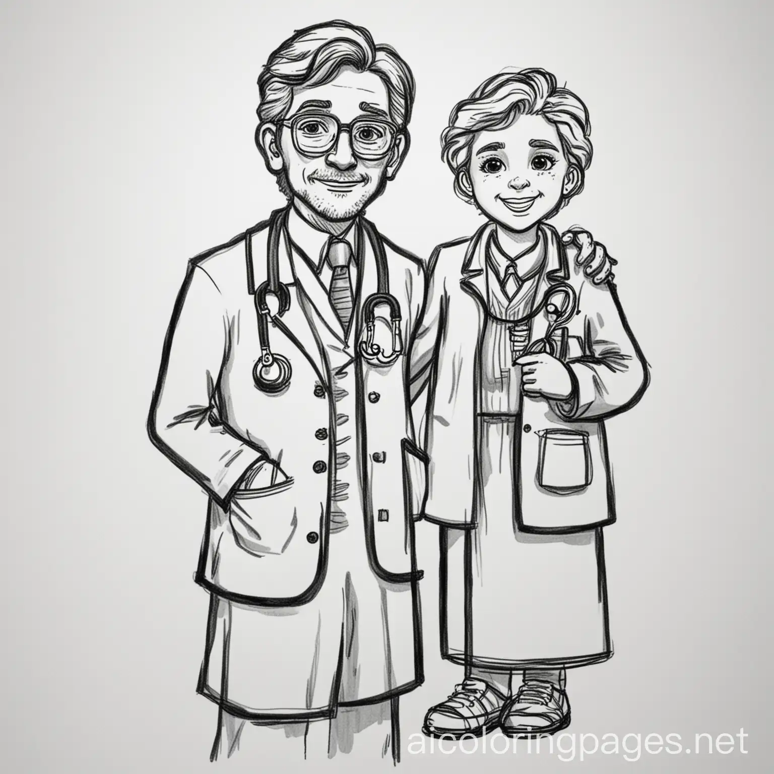 doctor with his customer, Coloring Page, black and white, line art, white background, Simplicity, Ample White Space. The background of the coloring page is plain white to make it easy for young children to color within the lines. The outlines of all the subjects are easy to distinguish, making it simple for kids to color without too much difficulty