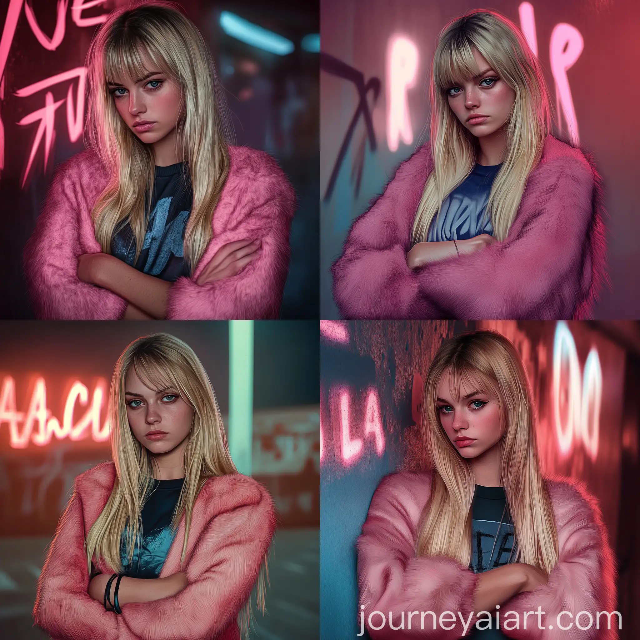 Girl-in-Pink-Fur-Coat-with-Crossed-Arms-in-Gloomy-Neon-Evening