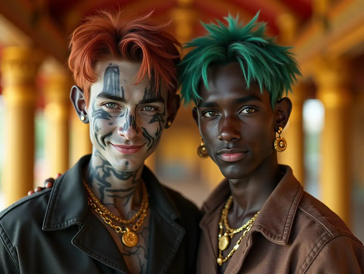 Two young men with black and white patterned faces, alien features, rose green hair, a slight smile on their faces, emphasizing their smiles, wearing modern retro jewelry, in a temple with much gold in various shades 4k