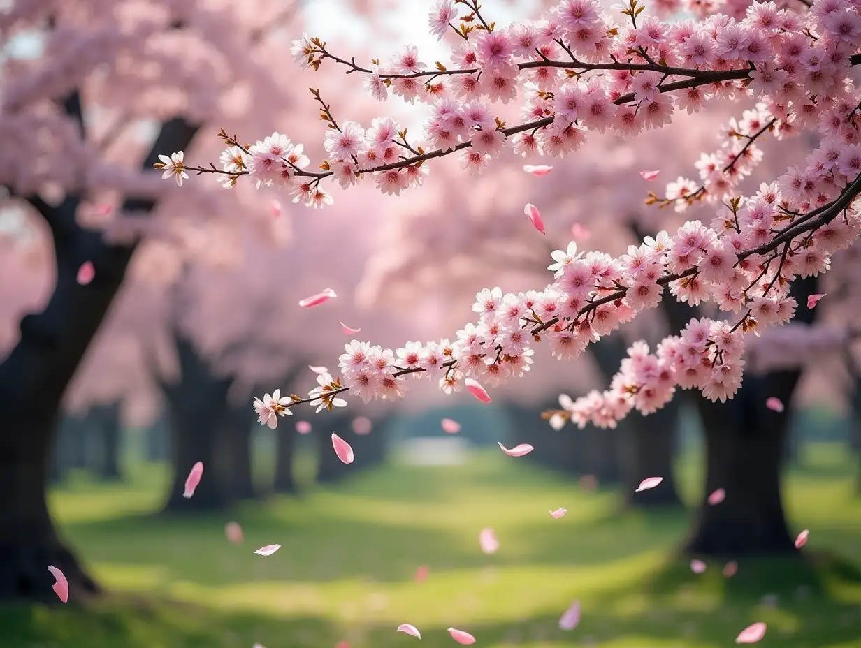 Serene-Japanese-Garden-with-Cherry-Trees-and-Falling-Blossom-Petals