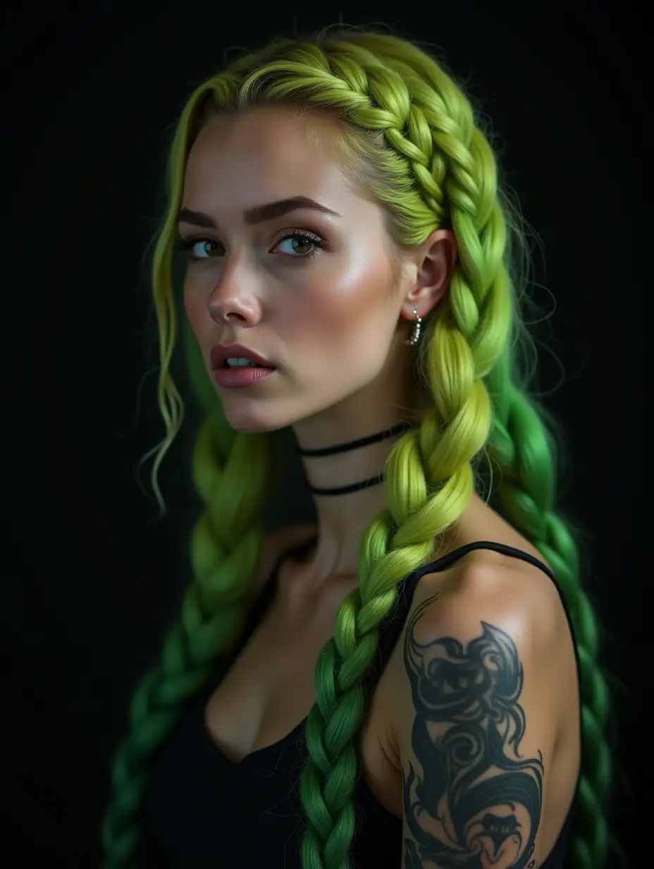 Depiction of a beautiful white woman with tattoo and long mixed green-yellow braided hair in a futuristic style Blurry black background (120mm) shot poster face