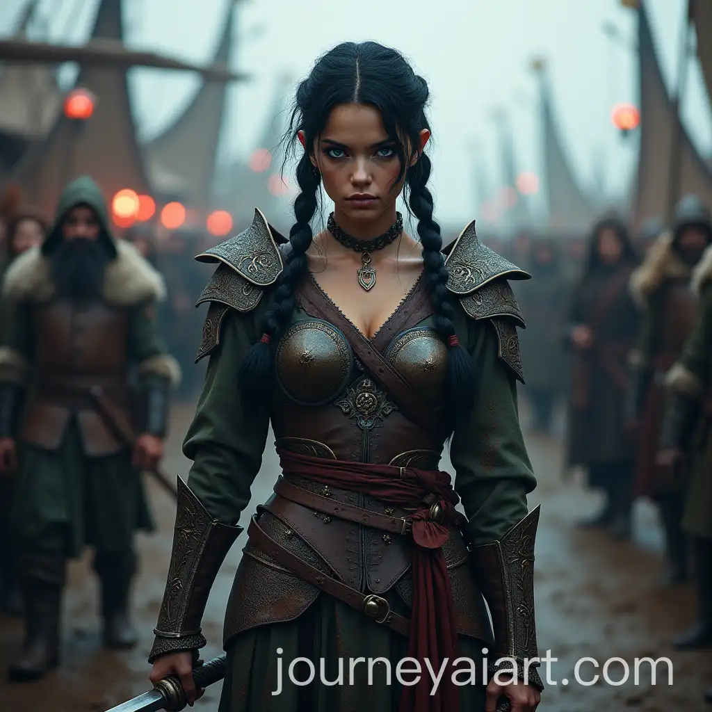 Captivating-Female-Viking-Warrior-in-a-Bustling-Seaport-with-Dual-Swords