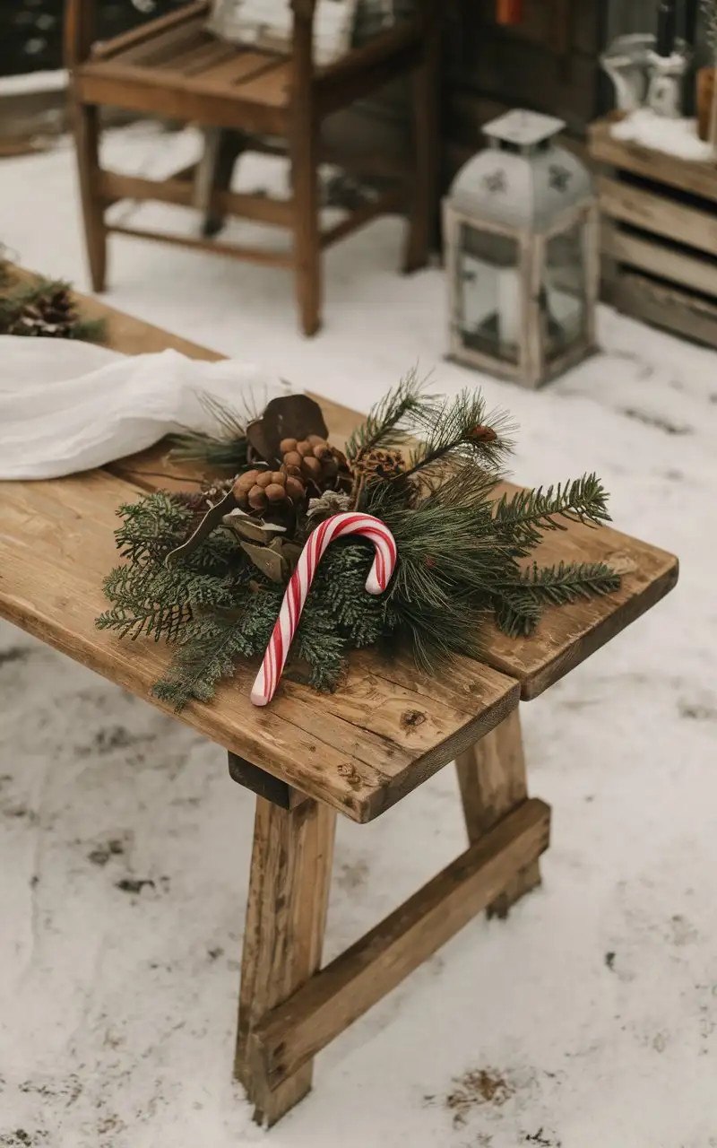 Caramel-Cane-and-Pine-Tree-Branches-on-Wooden-Table-with-Snow-Edges