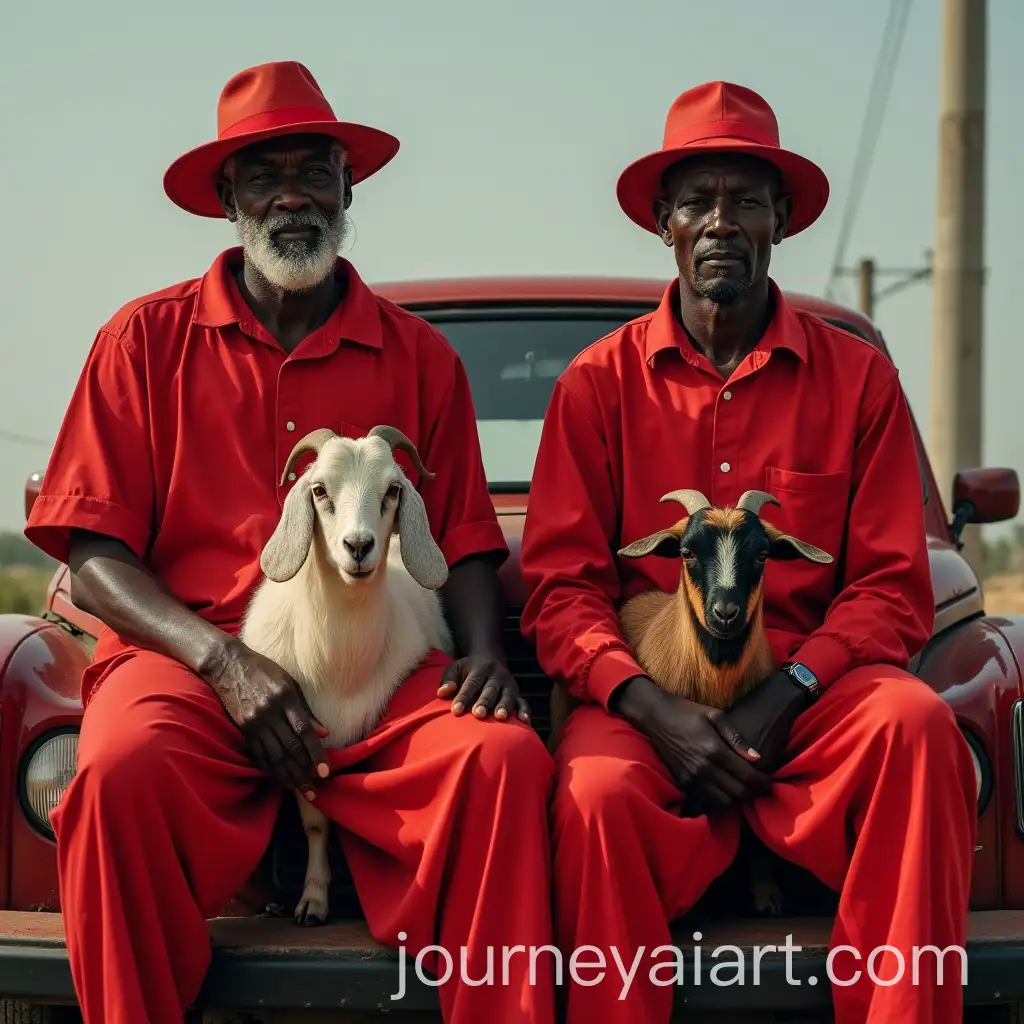 Old-Black-African-Men-in-Red-Clothing-Sitting-on-Car-Seats-with-Goats-Wearing-Hats