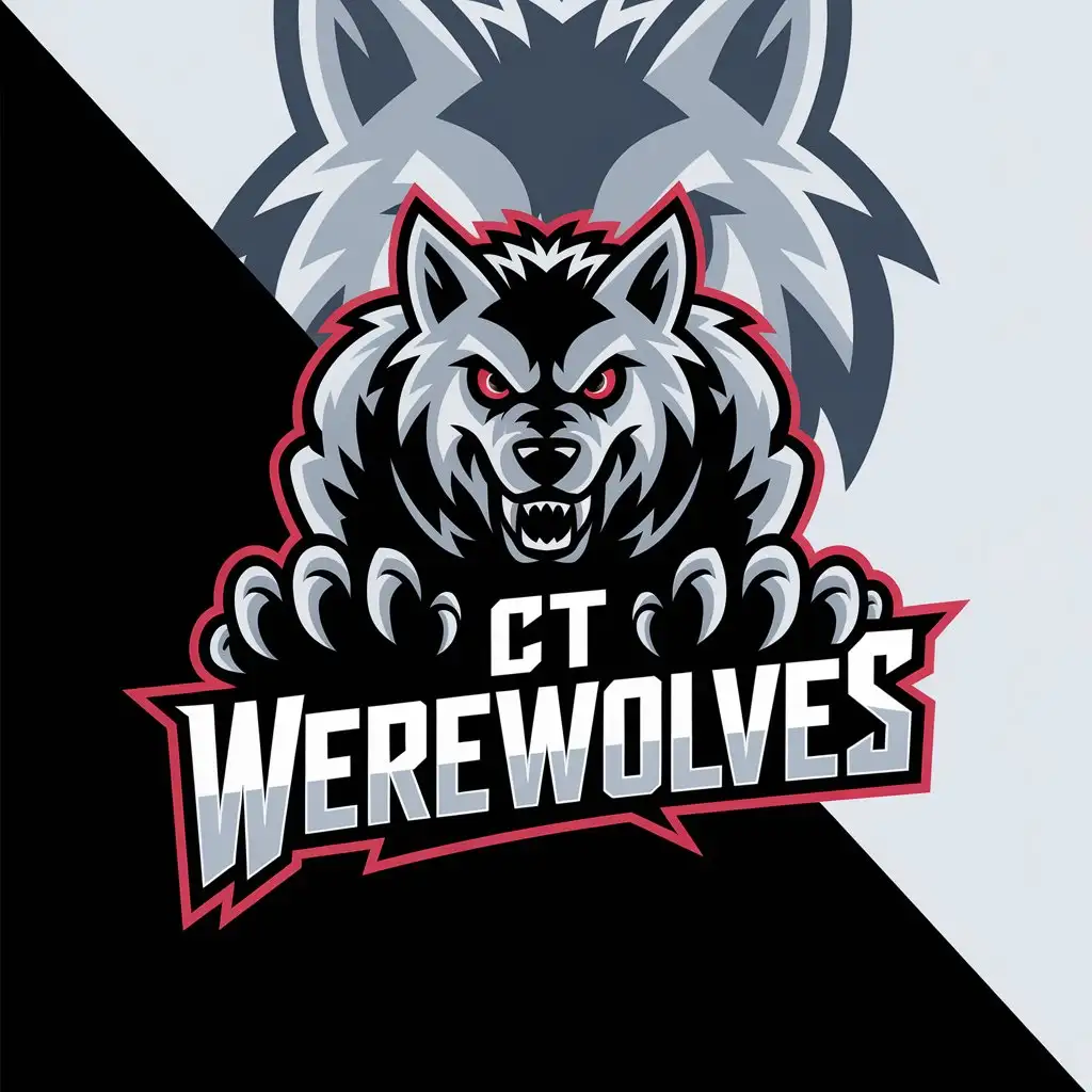 LOGO Design for CT WEREWOLVES Fierce Werewolf Mascot in Black Grey White and Red