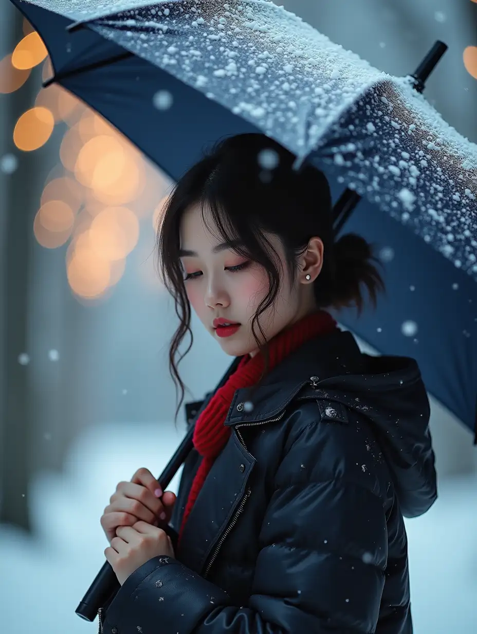 beautiful Korean woman, with snow falling,holding umbrella,look down, winter background, sparkling lights