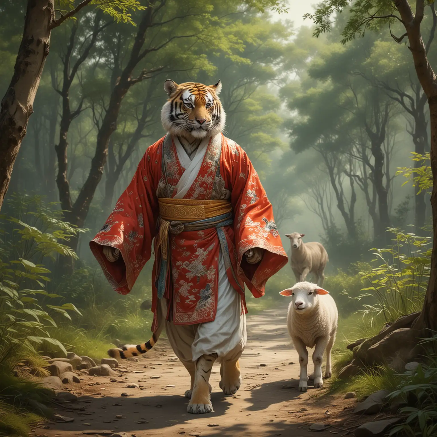 Majestic-Tiger-in-Traditional-Chinese-Attire-with-a-Lamb-in-Ancient-Costume-in-a-Serene-Forest