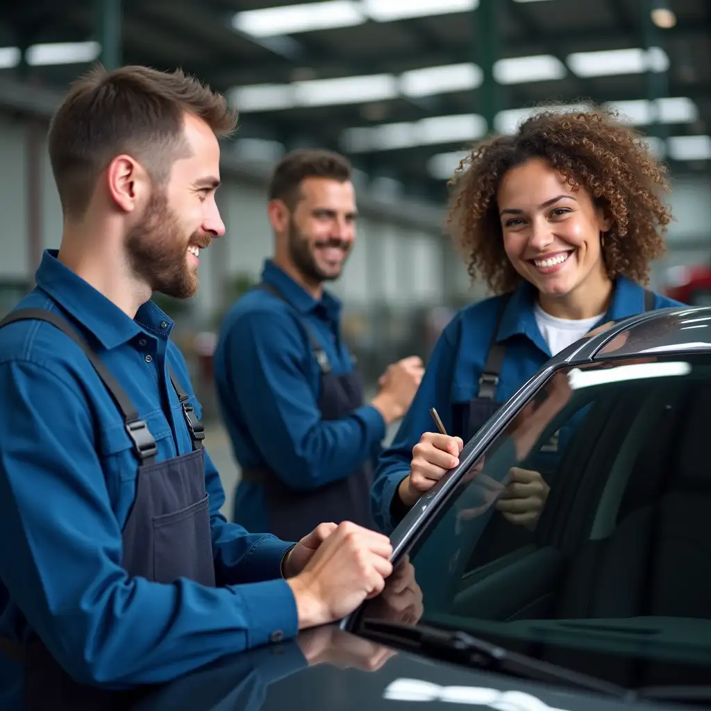 provide a funny image that is photorealistic. The image appeals because it is funny: two car mechanics are in love with the car (two men and one woman). Their gaze is fixed on the car. The brand of the modern car is fictitious. The workers shown are car mechanics. The picture shows that they love their jobs. Very realistic photo, gaze facing car, happy facial expressions, modern car 2020 - 2025