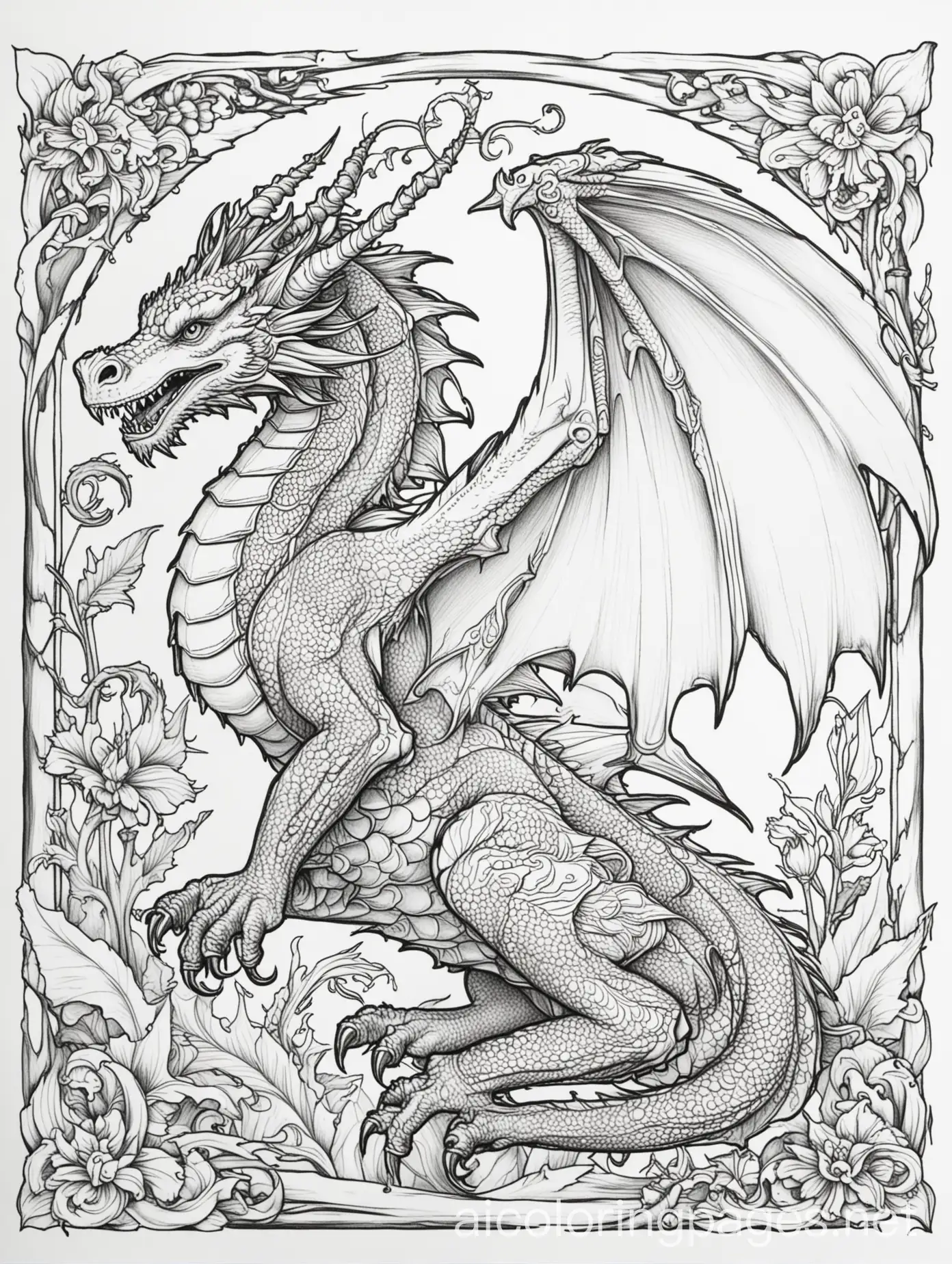 medieval dragon, Coloring Page, black and white, line art, white background, Simplicity, Ample White Space. The background of the coloring page is plain white to make it easy for young children to color within the lines. The outlines of all the subjects are easy to distinguish, making it simple for kids to color without too much difficulty