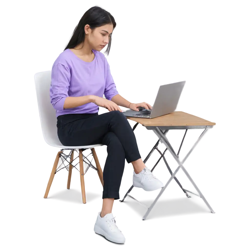 PNG-Image-of-a-Girl-in-a-Purple-Top-Sitting-on-a-Chair-and-Operating-a-Laptop-Perfect-for-Professional-Creative-Use