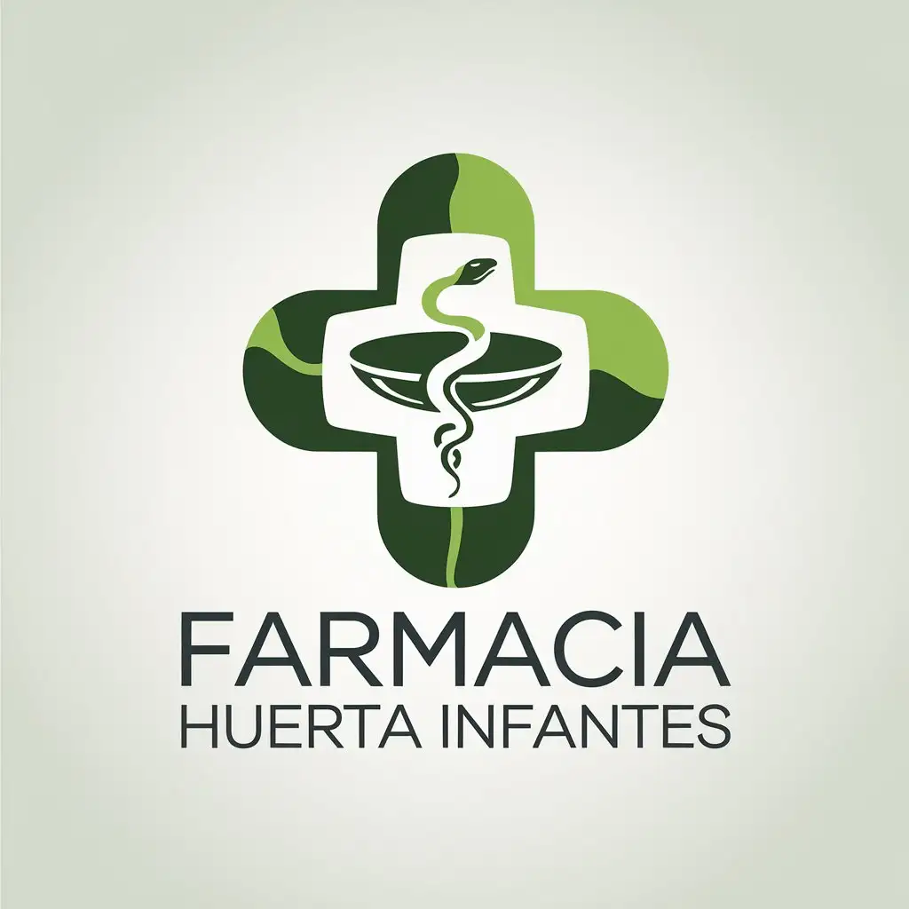 LOGO Design for Farmacia Huerta Infantes Modern Minimalist Pharmacy Logo with Green Cross and Hygeia Bowl