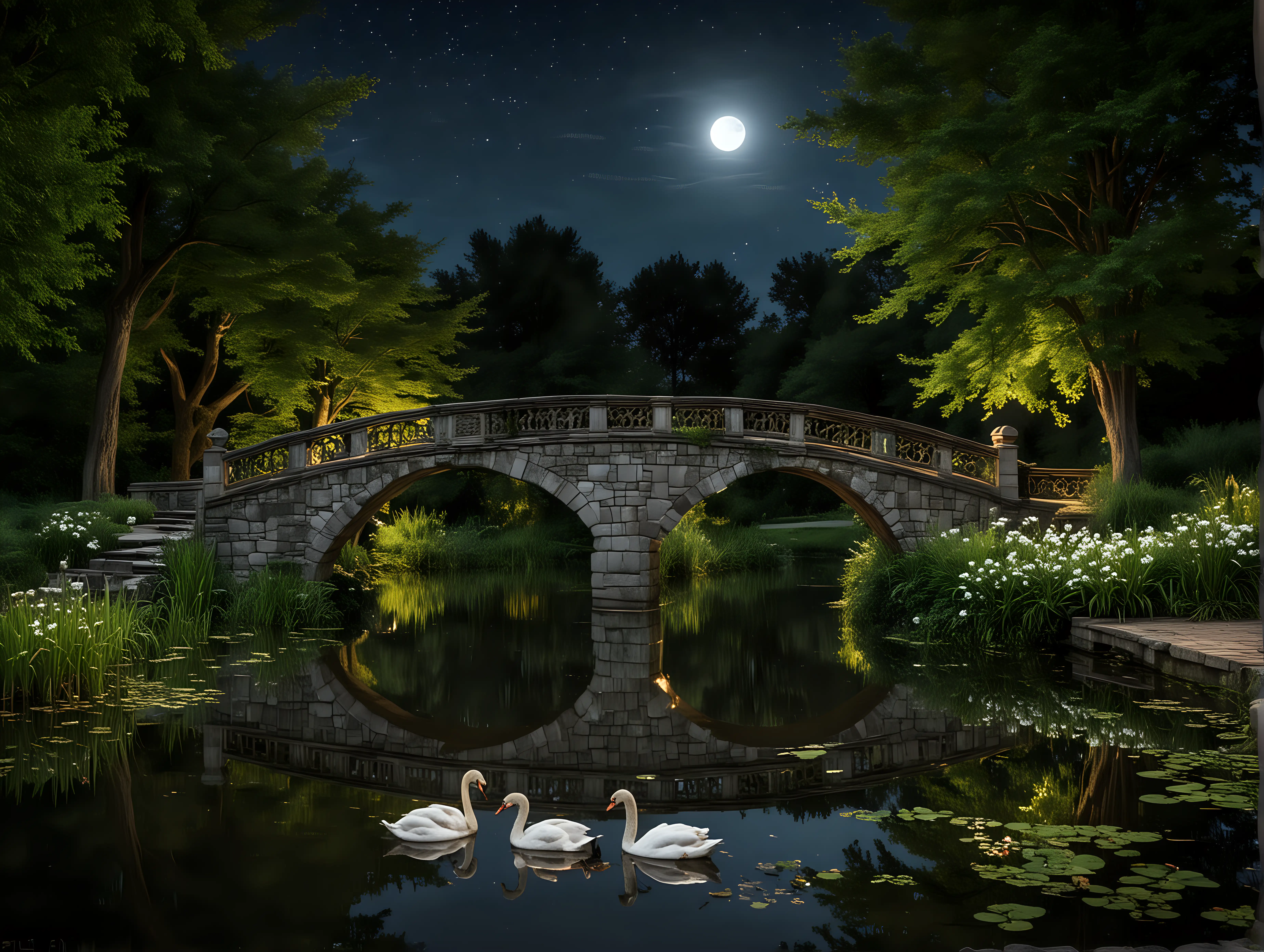 a stone arched bridge with trees on both sides over a beautiful pond with swans at night crescent moon