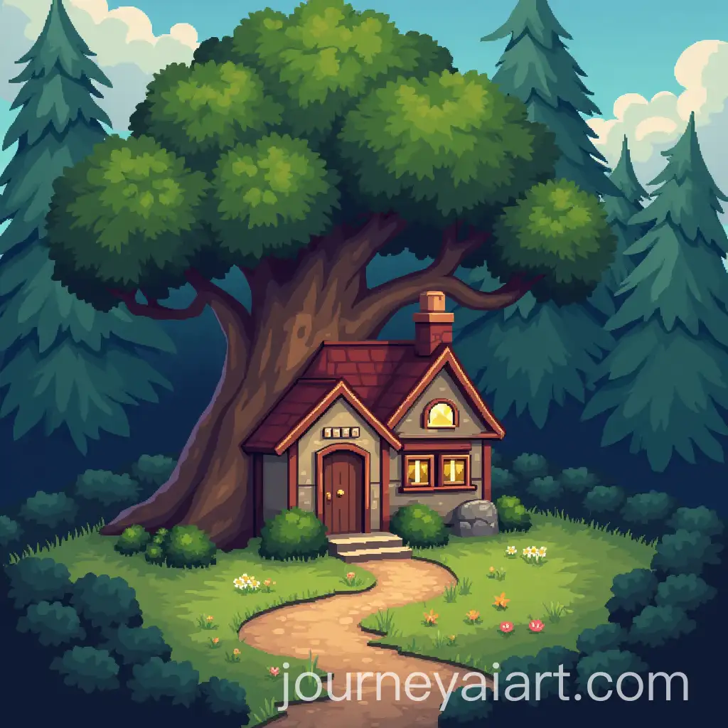 Charming-Cottage-in-a-Forest-with-a-Pathway-in-Pixel-Art-Style