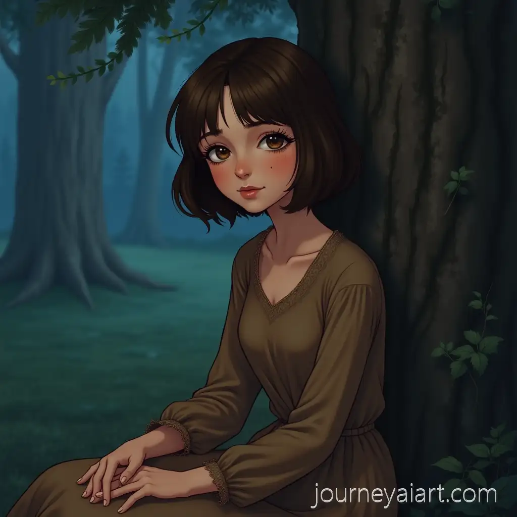 Young-Woman-Sitting-by-a-Tree-in-a-Magical-Night-Forest