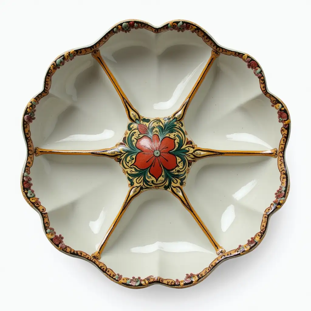 A ceramic serving in the shape of a six-petaled flower with a ceramic handle, Underglaze painting on white body, Fine art, Hyper detailed, Antique and old, Qajar art, Iranian Tabriz carpet design