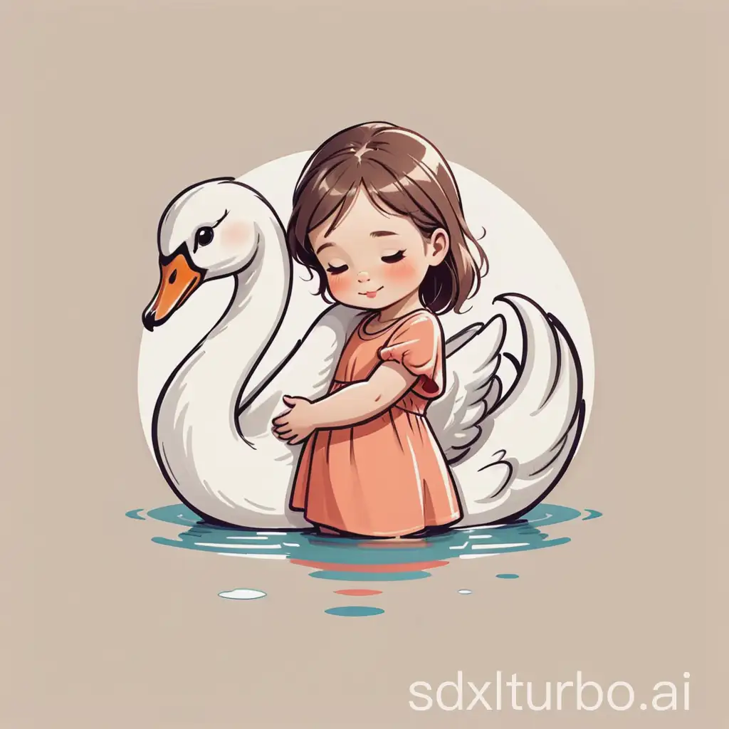 Little girl hugging a swan, simple, simple sketch, cartoon logo