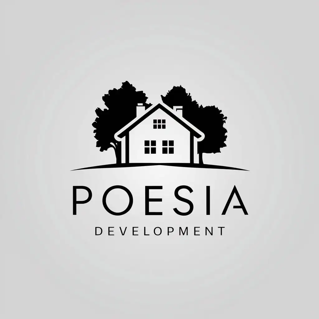 a vector logo design,with the text "Poesia Development", main symbol:Country house with trees,Minimalistic,be used in Real Estate industry,clear background