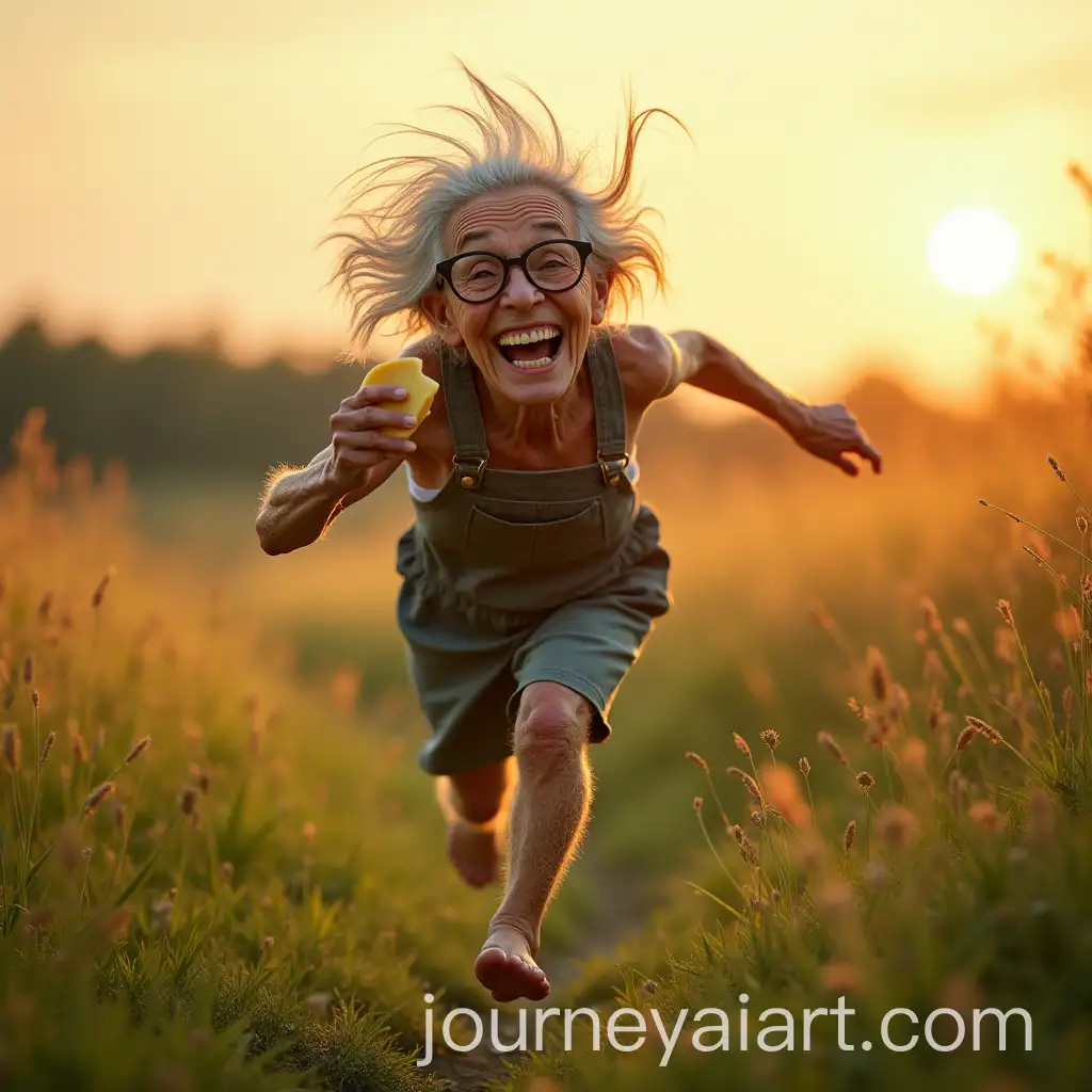 Elderly-Woman-Laughing-in-Meadow-at-Sunset-with-Cheese