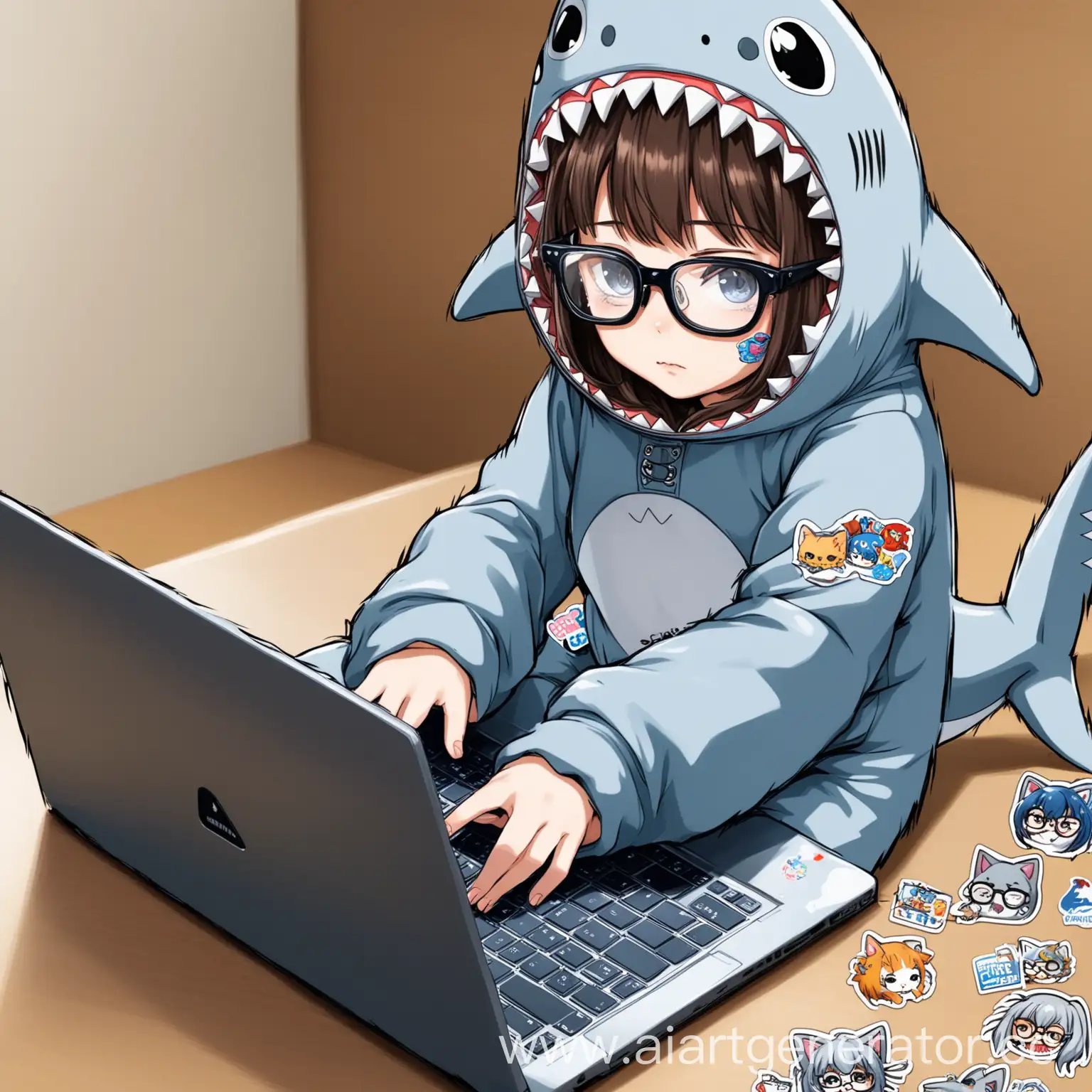 Cat-in-Shark-Kigurumi-and-Glasses-Working-on-Laptop-with-Anime-Stickers