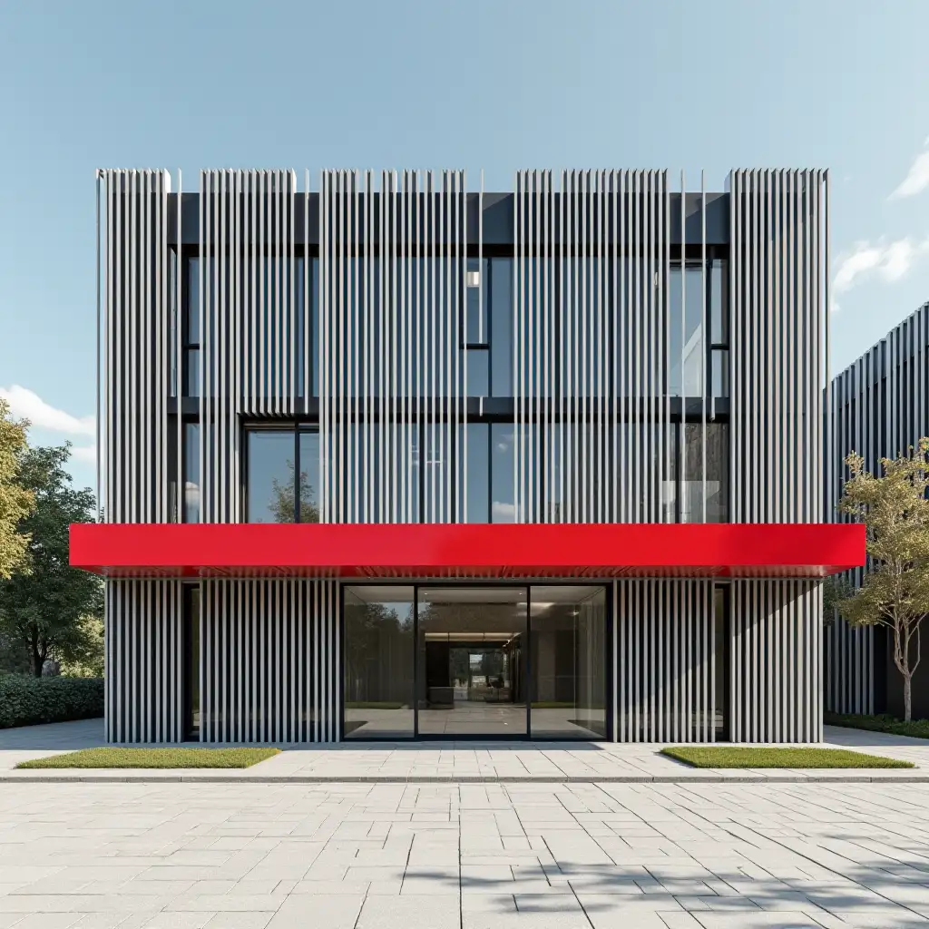 photorealistic, bright colors, frontal shot of modern building with black and white pedestrian striped facade with red band in the middle high definition