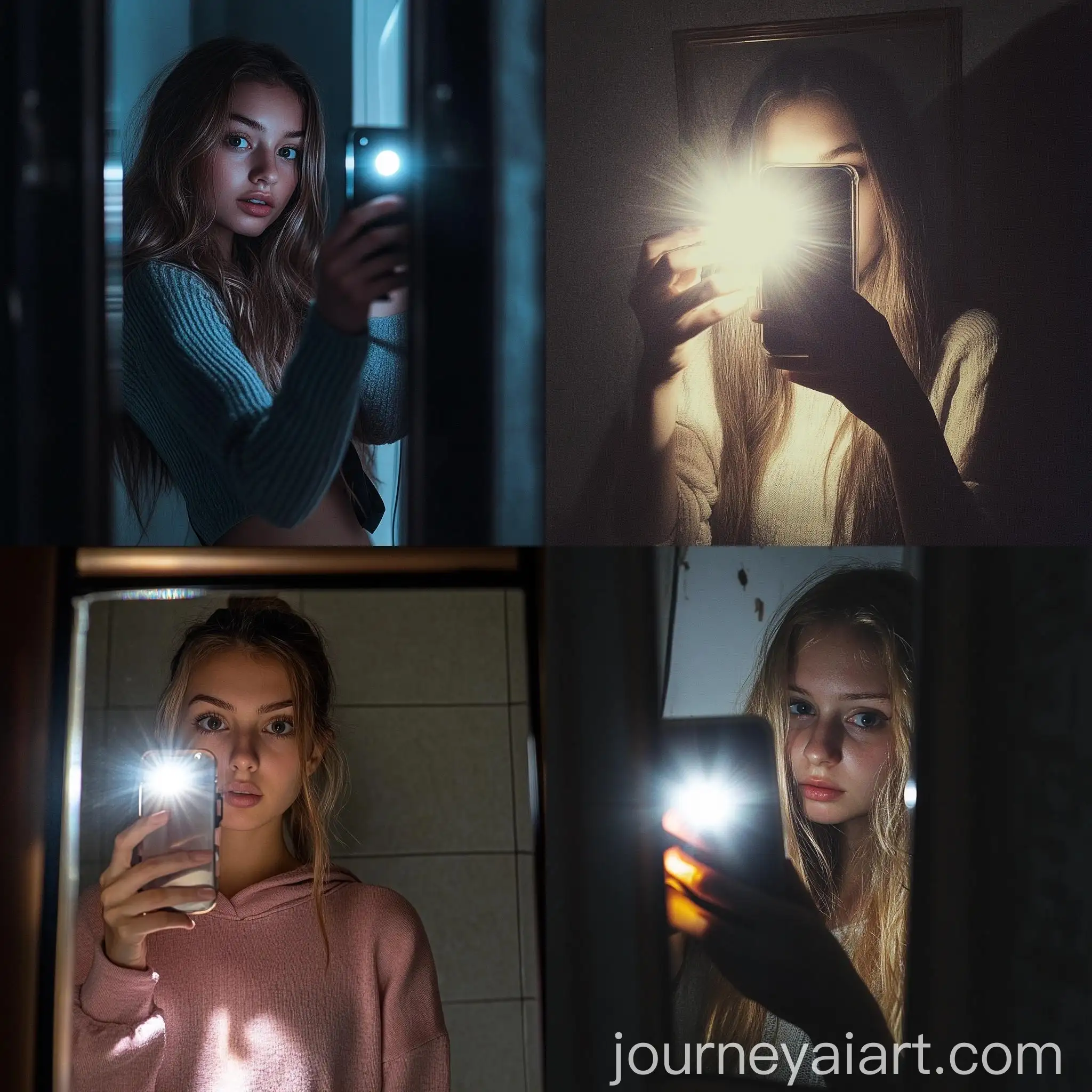 Young-Woman-Capturing-Selfie-with-Flash-in-Mirror