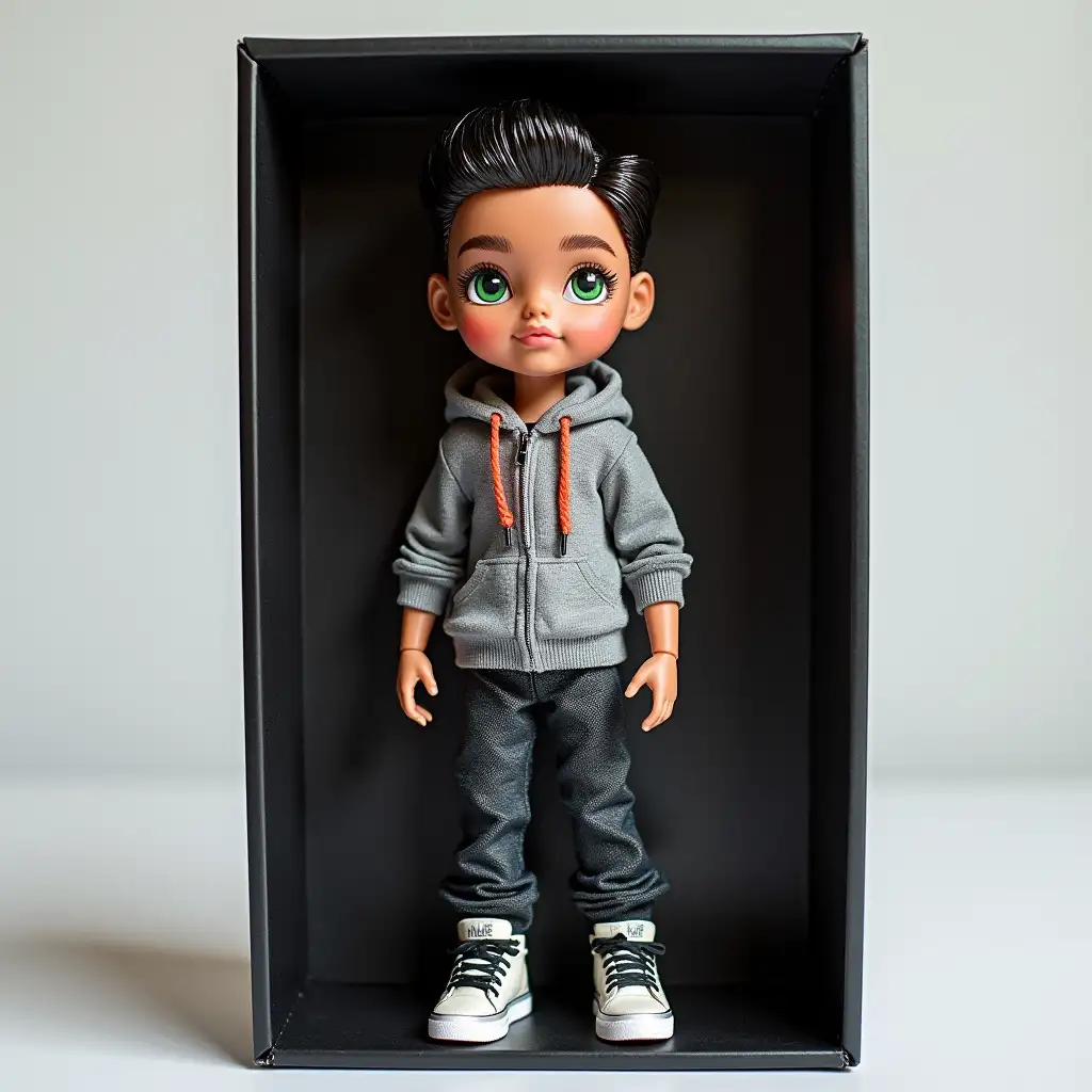 Doll, 3D style Bratz from soft touch plastic, boy, in a black box, Grey-green eyes, clothing, and accessories