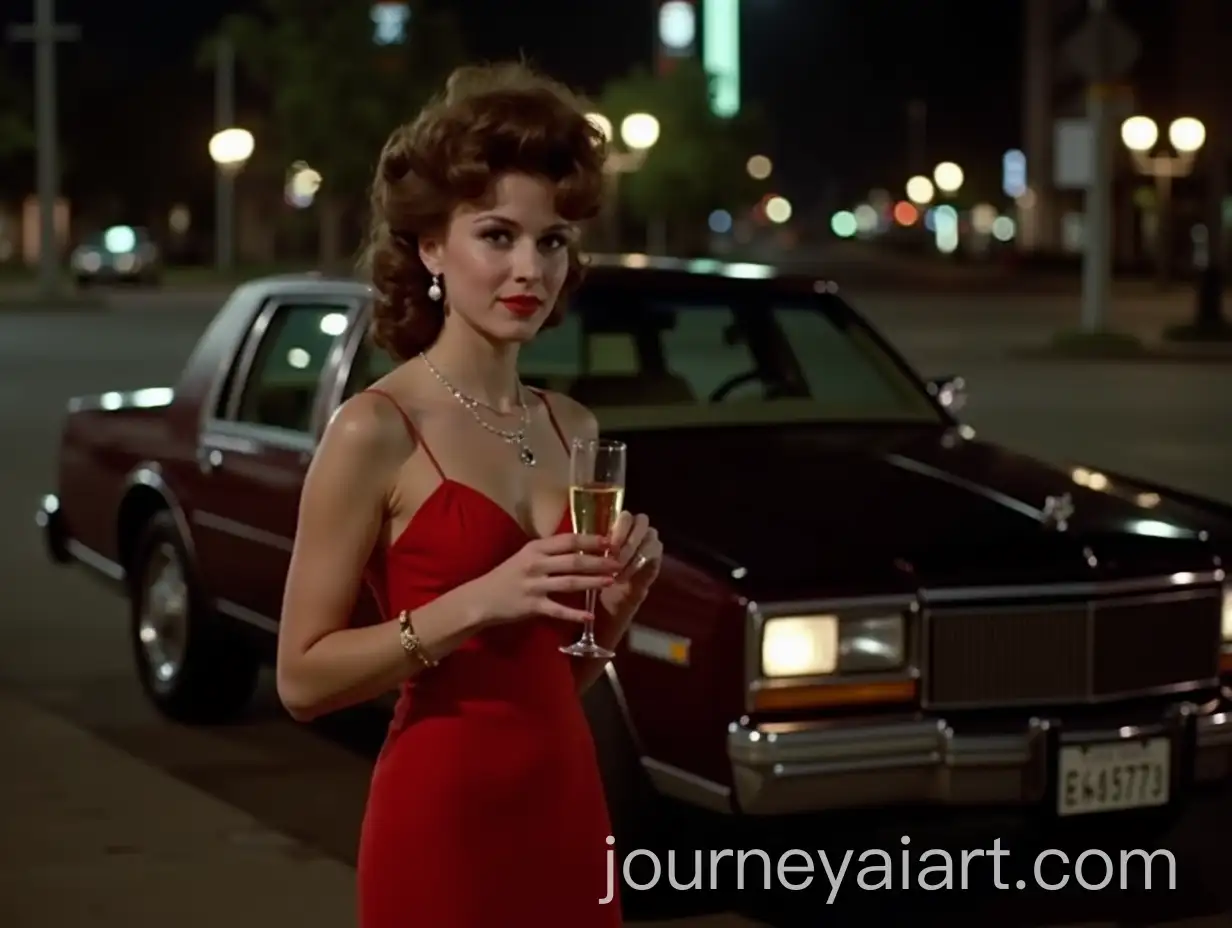 Elegant-Young-Woman-in-Red-Evening-Dress-by-Classic-Cadillac-at-Night