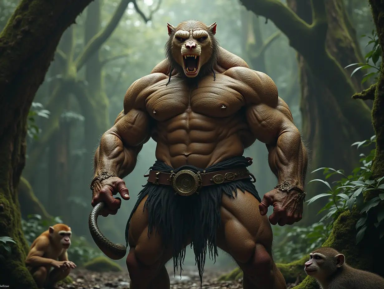 A very detailed photo. A full body representation of an Animal-Hybrid bodybuilder with a snake and monkeys in a forest with extremely big trees