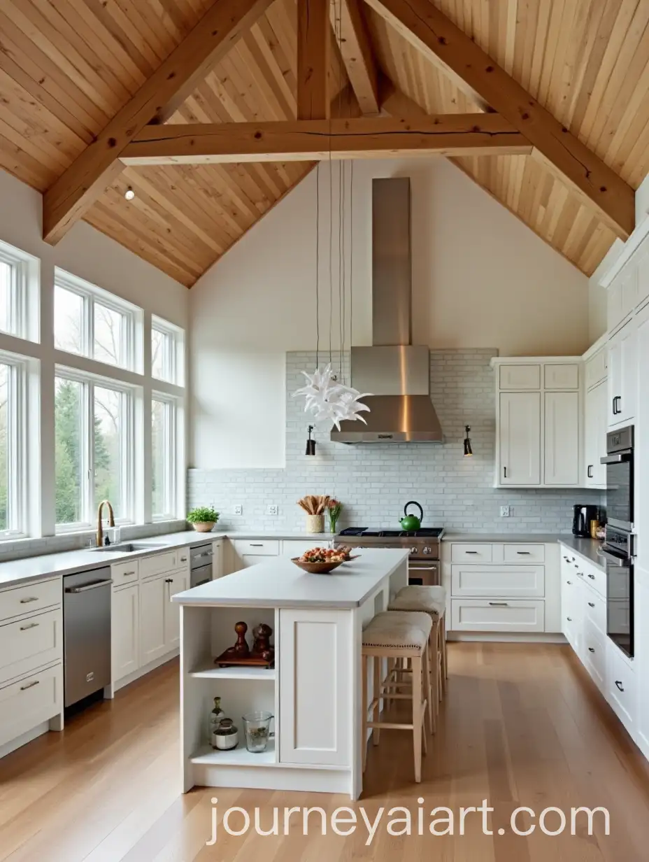 Spacious-UShaped-Kitchen-with-Wood-Beam-Ceiling-and-Central-Island