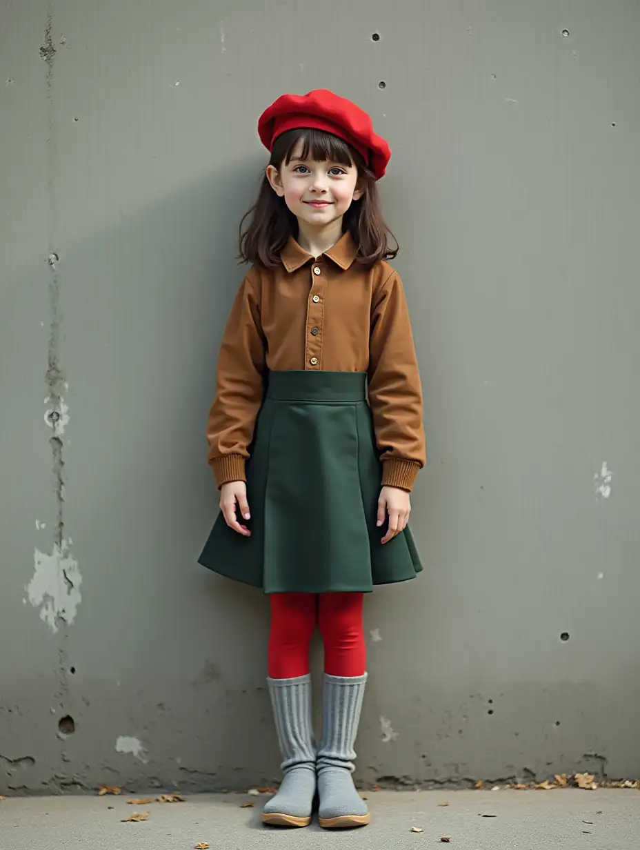 10YearOld-Girl-in-Brown-Jumpsuit-and-Red-Beret-Against-Concrete-Wall