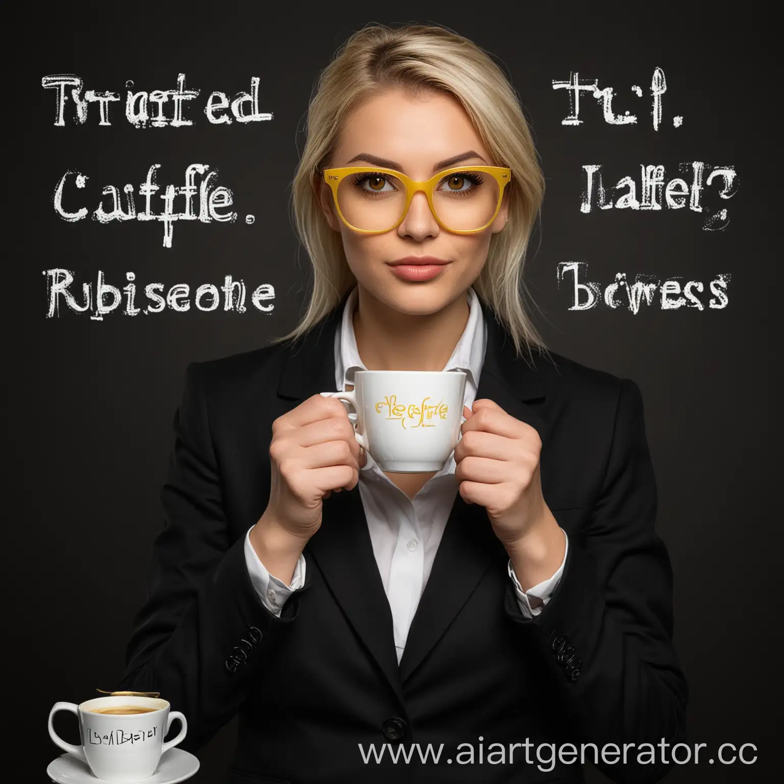 Blonde-Woman-in-Yellow-Glasses-Drinking-Coffee-from-White-Cup-in-Business-Attire