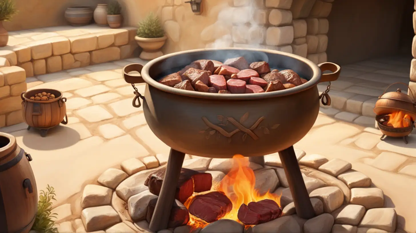 Ancient Hebrew Courtyard Burning Meat in a Cauldron