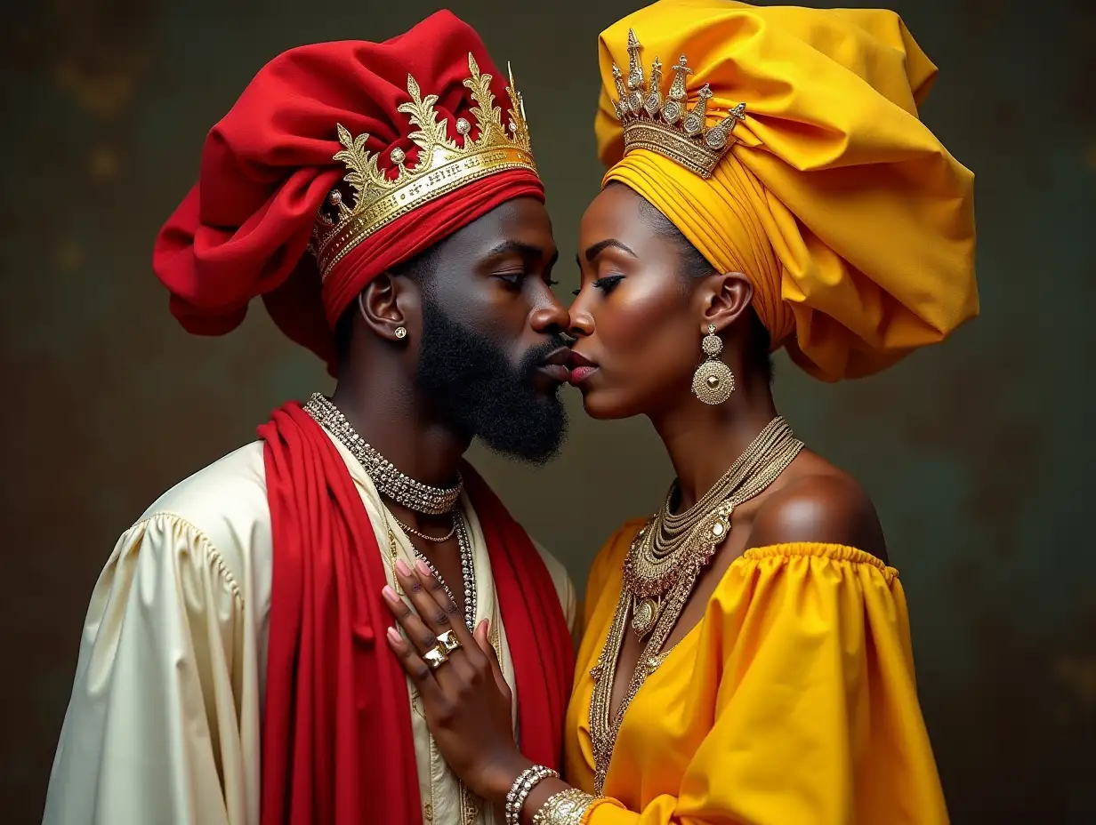 Create an image of the Orisha Shango dressed in red and white with a crown, embracing Oshun the Orisha of love dressed in yellow and honey with a golden crown.