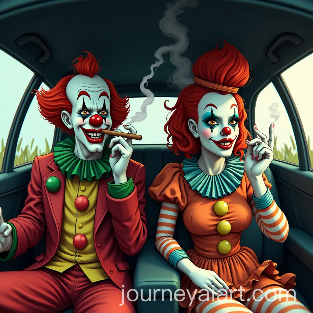 Clown-and-Female-Clown-Smoking-Cigarettes-in-Car-with-Fisheye-Effect