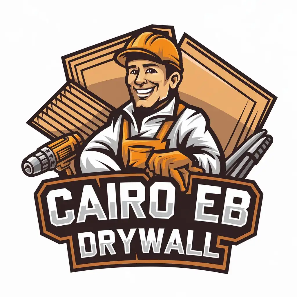 LOGO Design for Cairo Eb Drywall Vector Logo Featuring Happy Drywall Worker with Tools and Drill