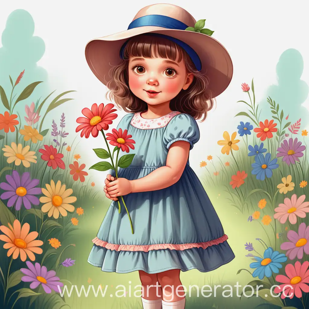 Little-Girl-in-a-Dress-Holding-a-Flower-Whimsical-Childrens-Illustration